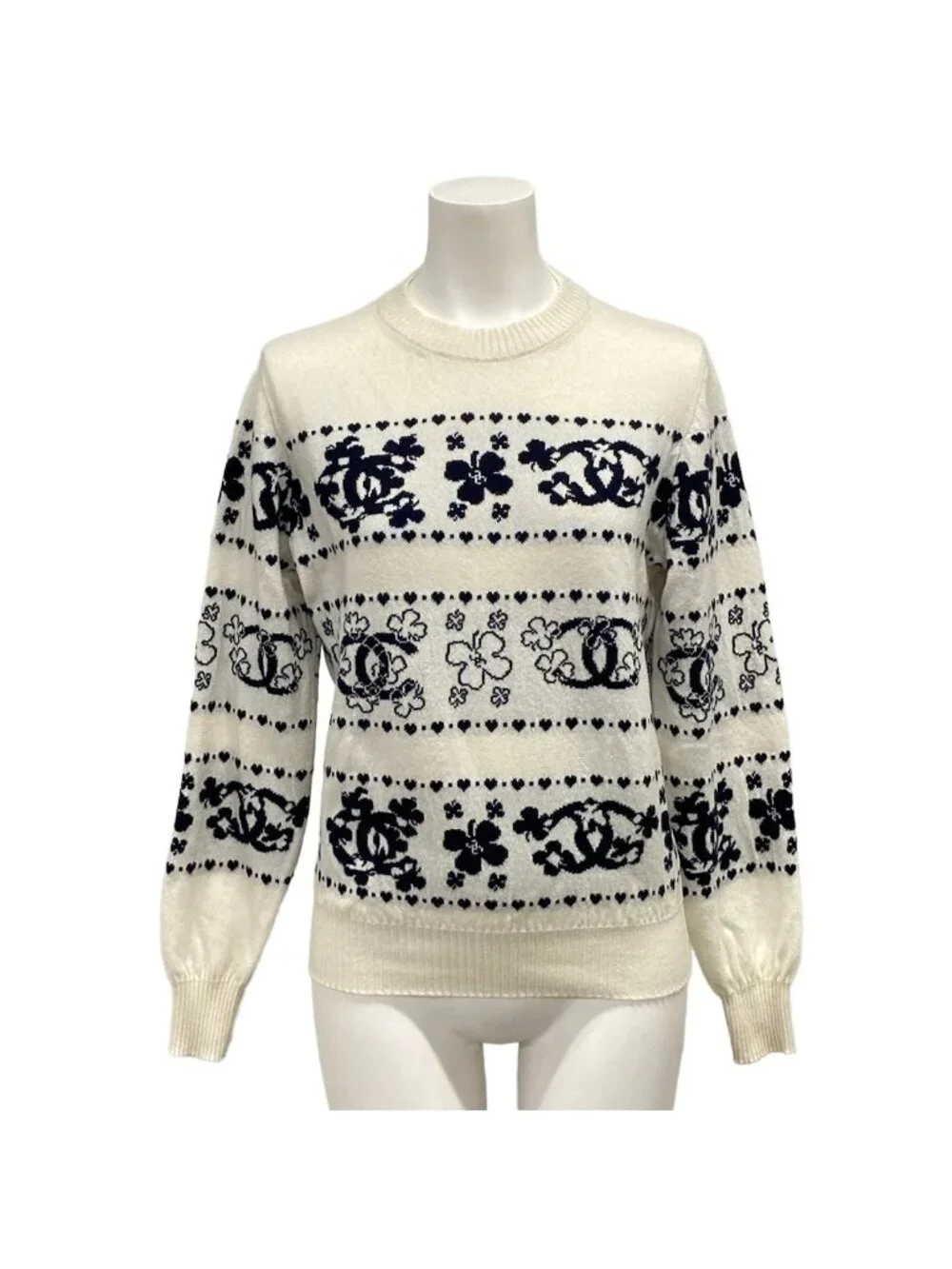 Chanel Long Sleeve Sweater 36 Ivory Dark Navy CC Logo Camellia Cashmere Cotton
